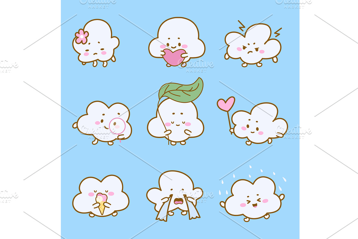 Kawaii clouds set. Tiny cloud, an Illustration by Valerie Bodnar