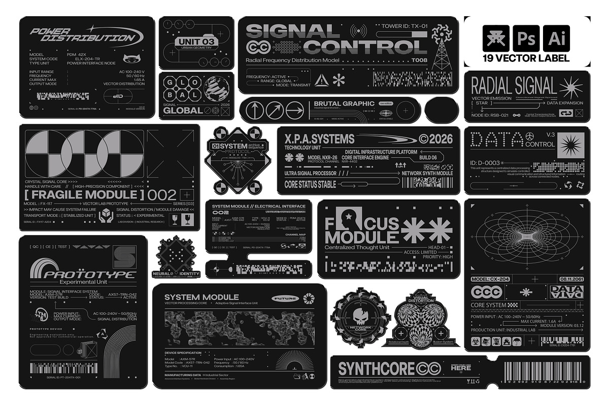 FUTURISTIC TECH LABEL STICKER PACK, an Object Graphic by BonkiStudio (Photo 2 of 9)