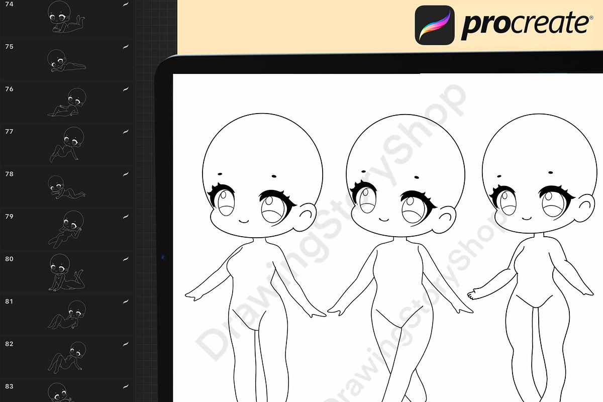 200 Base chibi Procreate pose stamps, a Brush Add-On by ...