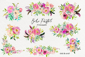 Boho Pastel Watercolor Flowers Set