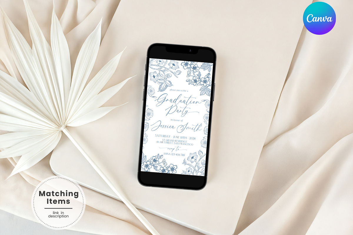 Dusty Blue Floral Graduation Evite, an Invitation Template by Digital_Mind (Photo 1 of 3)