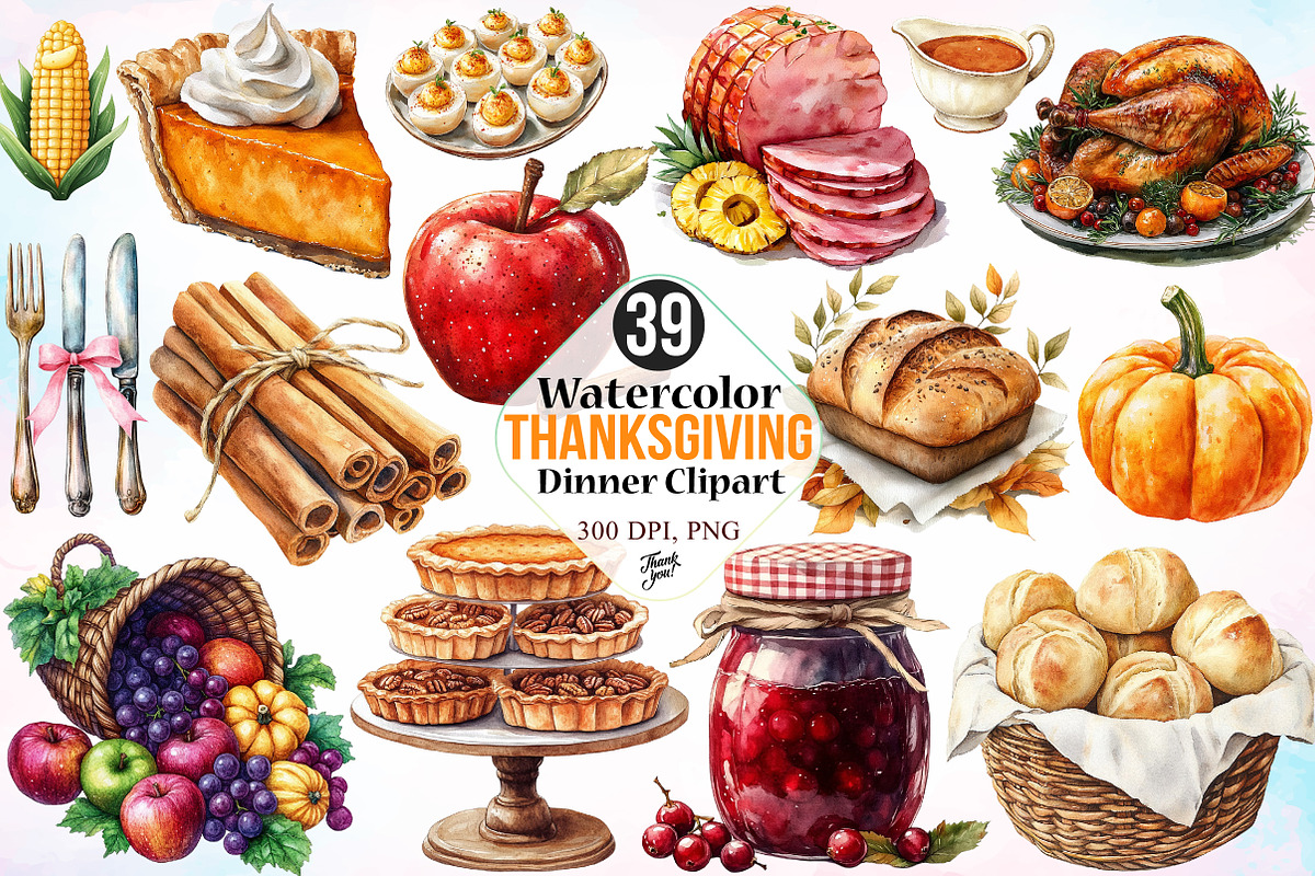 Watercolor Thanksgiving Dinner Clipa, a Seasonal Illustration by Canvas Craft (Photo 1 of 4)