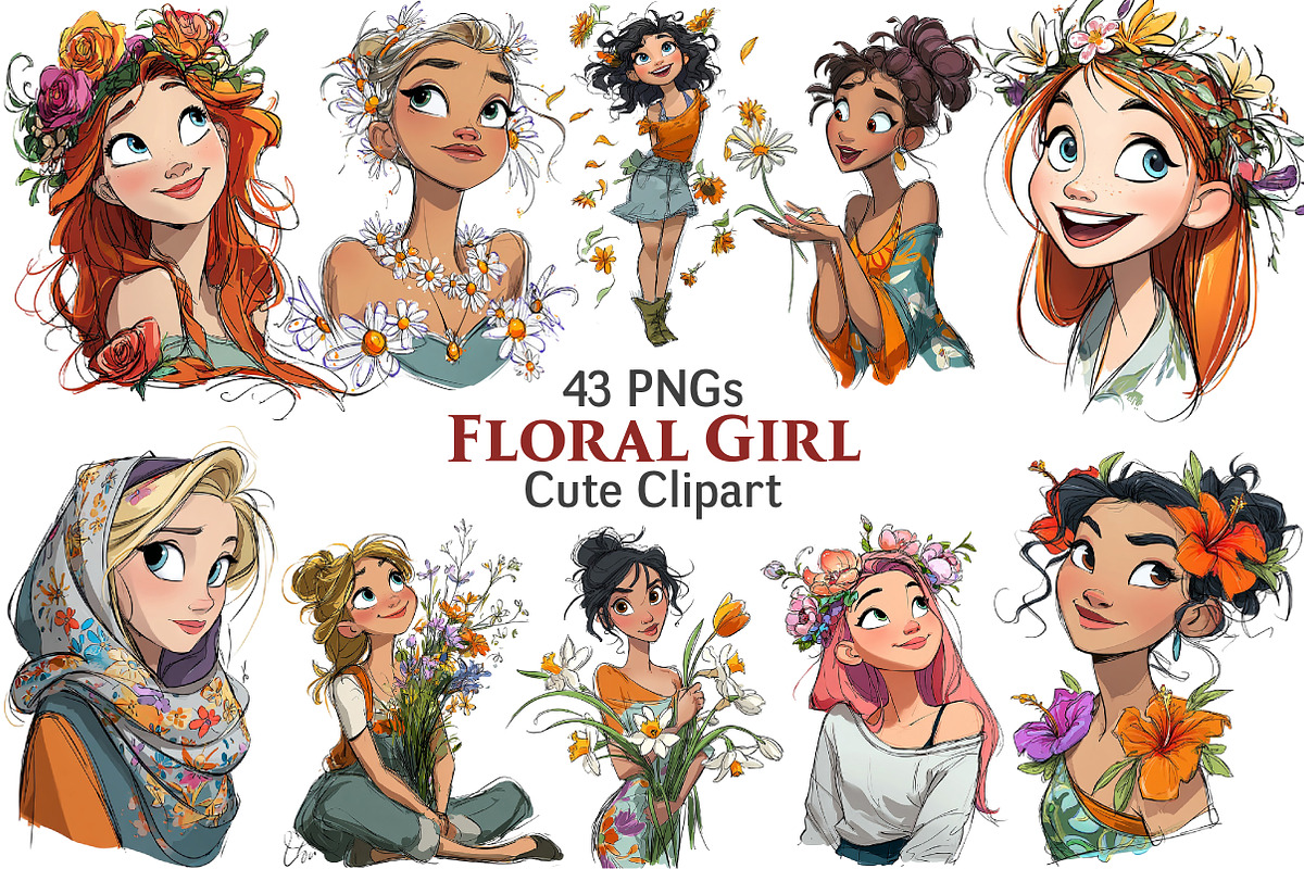 Floral Cute Girl Clipart, an Illustration by Pixels.Craft (Photo 1 of 5)