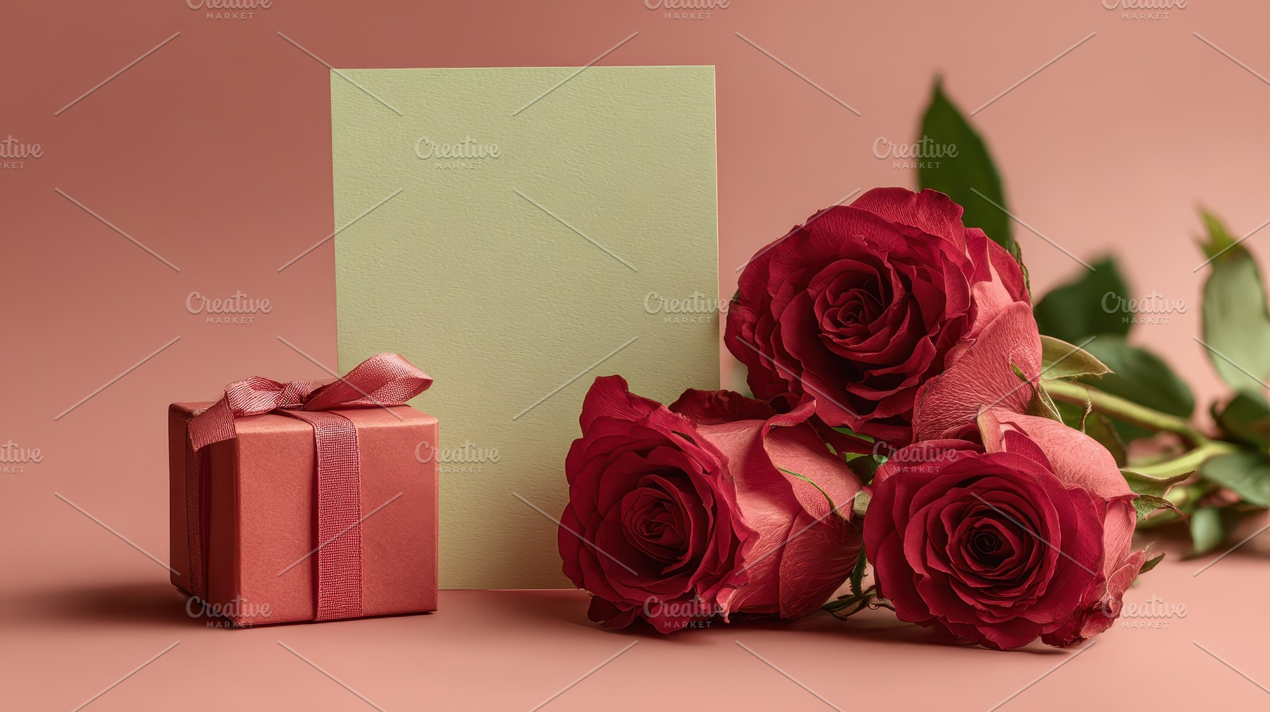 Red roses gift box and blank card ro, a Photo by Pixeness Studio