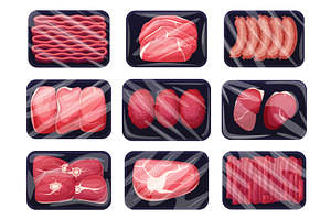 Frozen meat packs. Meats products in, a Food Illustration by LadadikArt