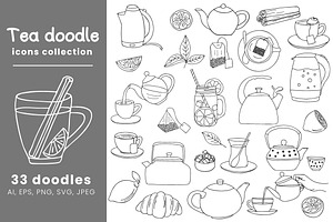 Doodle tea icons collection