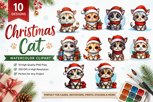 Christmas Cat Watercolor Clipart, an Animal Illustration by S Graphic Studio