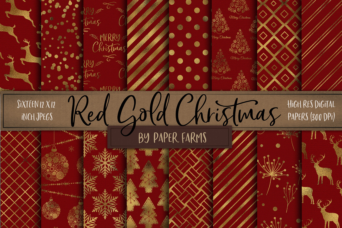 Red and gold Christmas digital paper, a Pattern Graphic by Paper Farms (Photo 1 of 3)