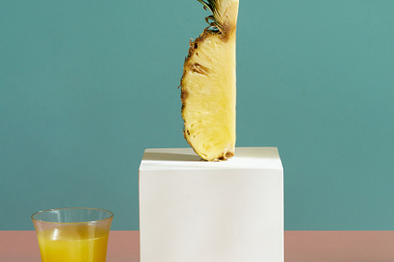Tropical fruits variety on a colorful background. Side view with