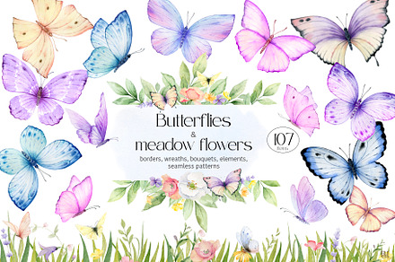 Watercolor Butterflies and Flowers, a Decorative Illustration by Elena Medvedeva