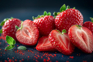 Fresh and ripe strawberries, vibrant red, sliced and whole, show, a Food & Drink Photo by ImageMir