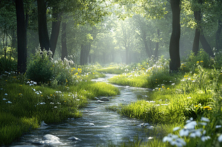 Serene waterway flows through a lush green forest landscape, a Nature Photo by AlyaAnd