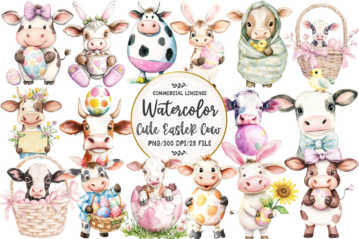 Watercolor Easter Cow Clipart, an Illustration by OK Design (Photo 1 of 5)