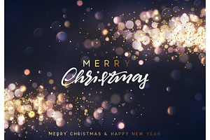 Christmas Background With Golden Lights Bokeh. Xmas Greeting Card.