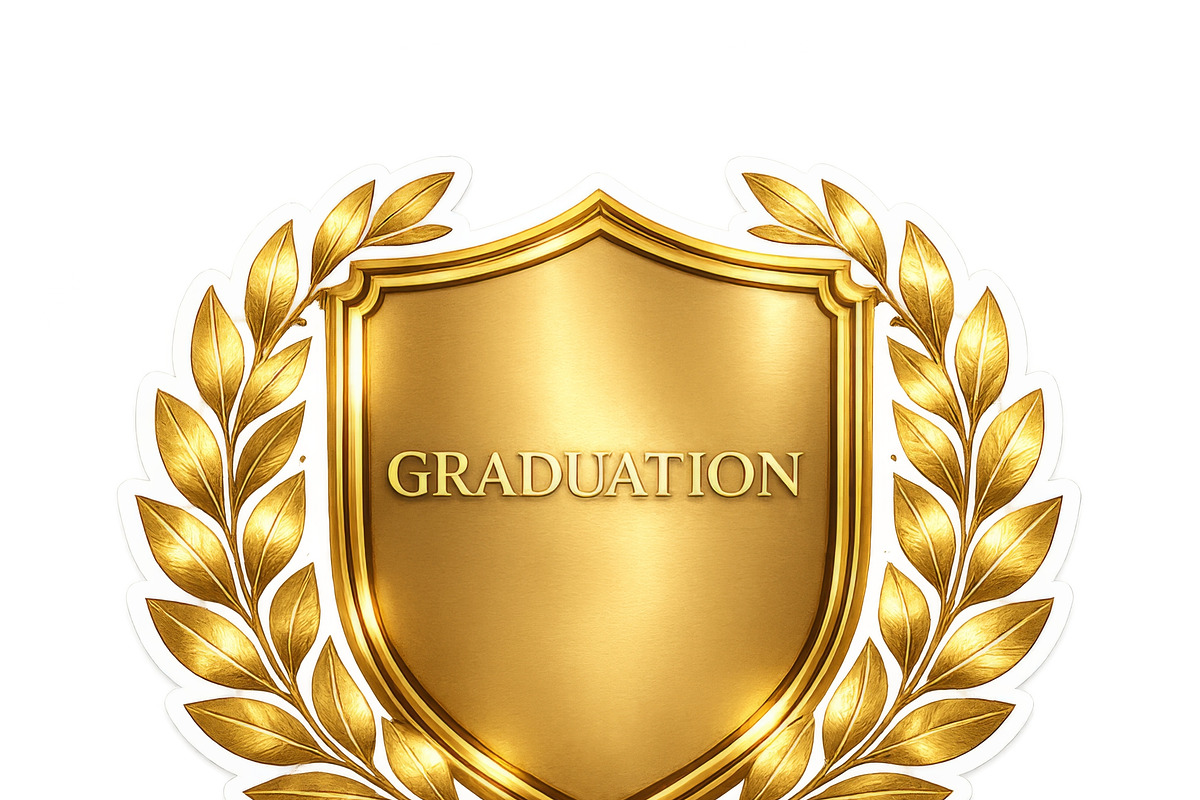 Golden graduation emblem with laurel, an Illustration by Dvoevnore photos