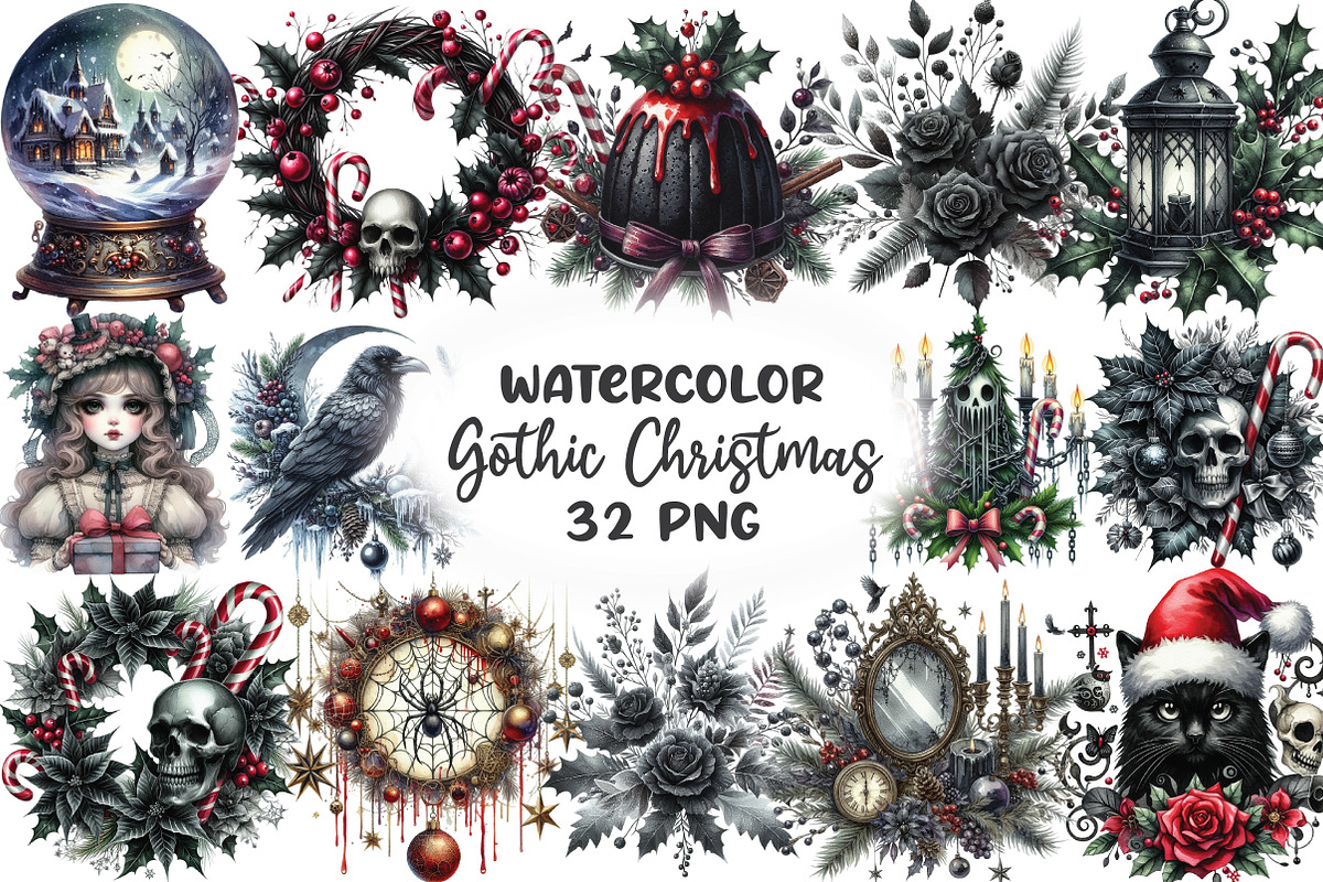 Gothic Christmas Watercolor Clipart, an Illustration by CraftArtStudio (Photo 1 of 6)