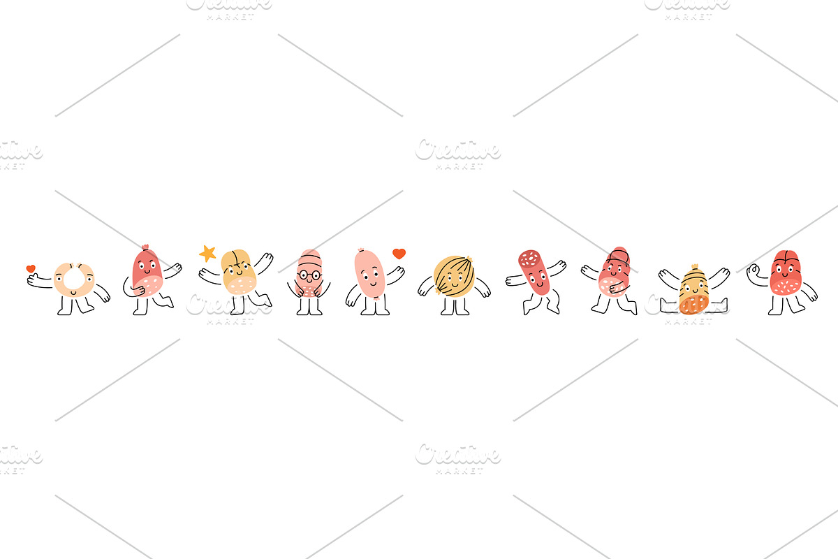 Sausages characters. Sausages funny, a Food Illustration by GraphiShop