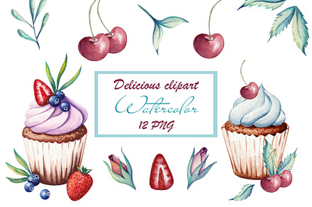 Watercolor clipart dessert cupcake