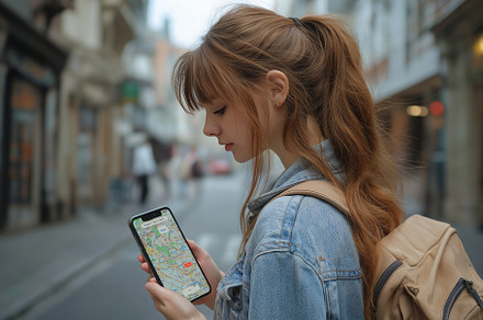 A young Caucasian woman with long brown hair checks her phone's map in a trendy, a Person Photo by ImageMir