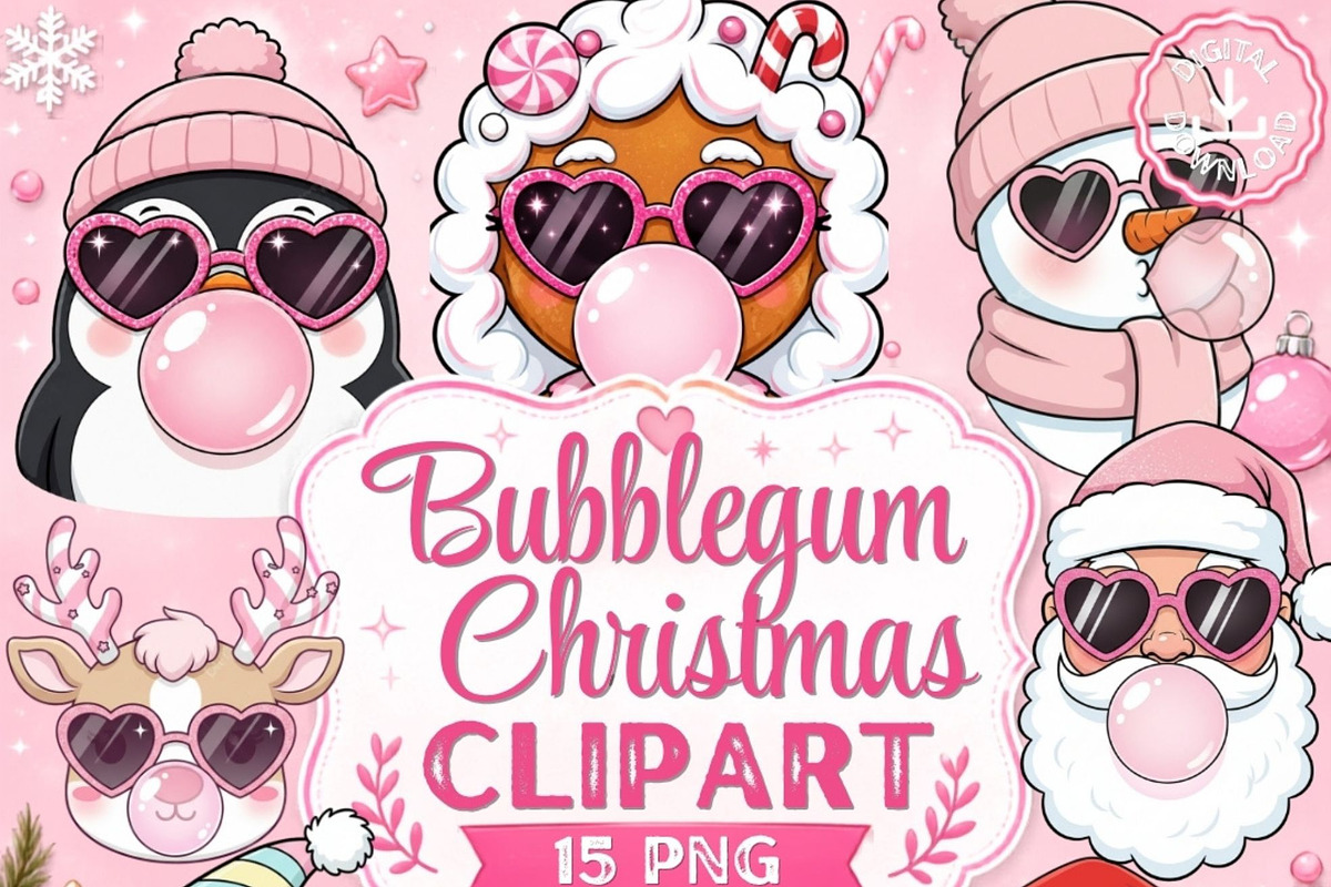 Bubblegum Christmas Clipart Bundle, a Seasonal Illustration by Tanya Kart (Photo 1 of 9)