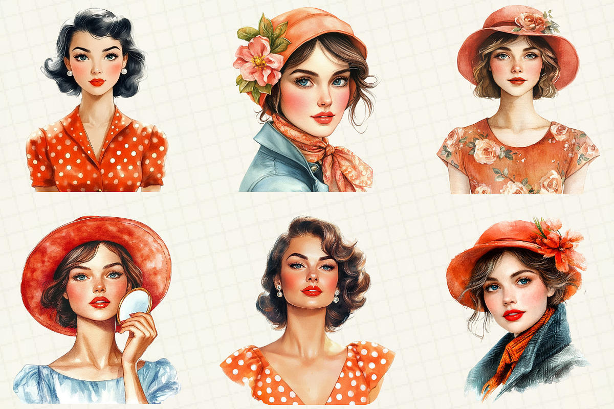 Coral Spring Vintage Woman Clipart, an Illustration by OK Design (Photo 2 of 5)