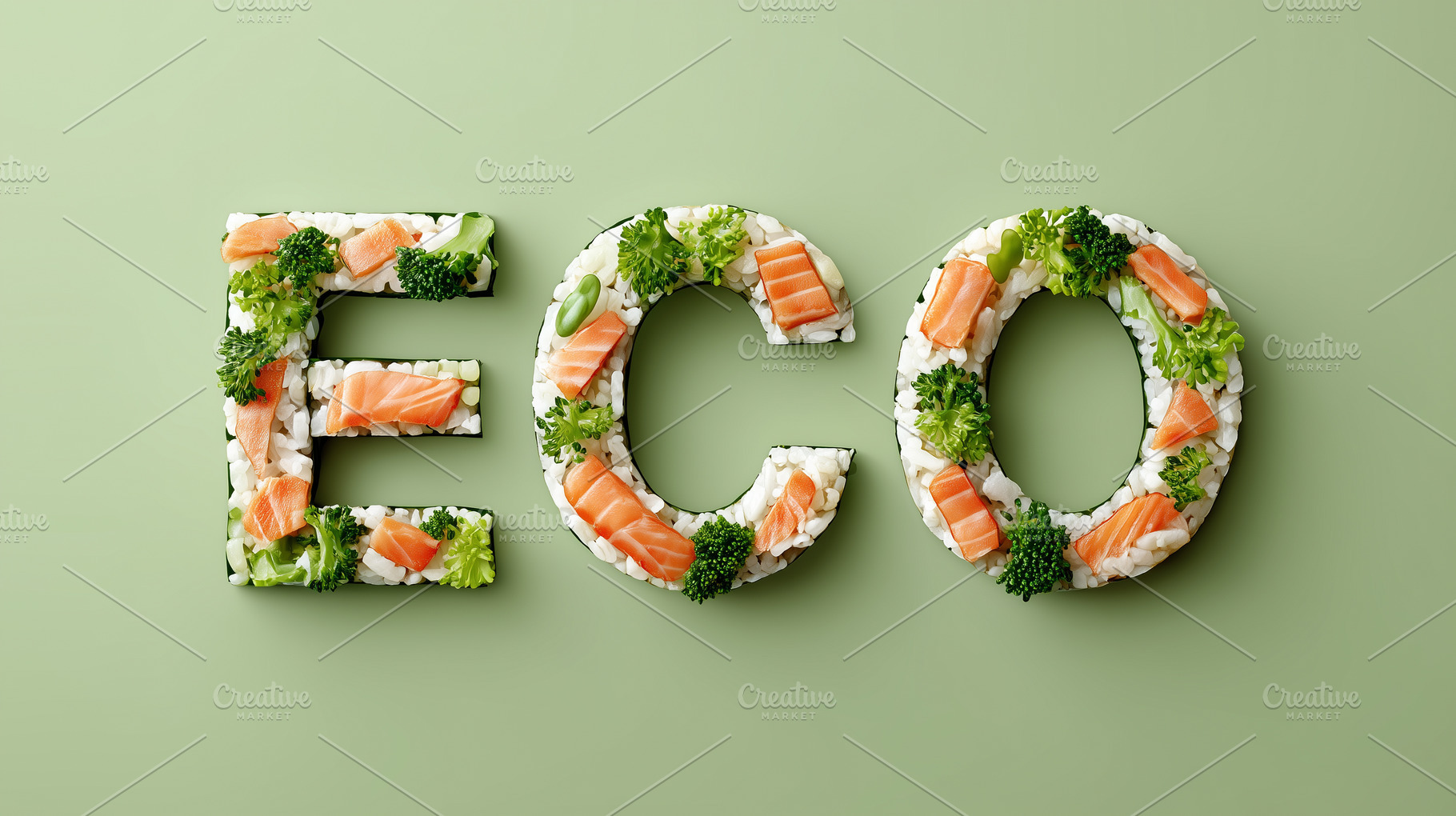 Word ECO made of salmon, rice and, a Food & Drink Photo by MistyDay