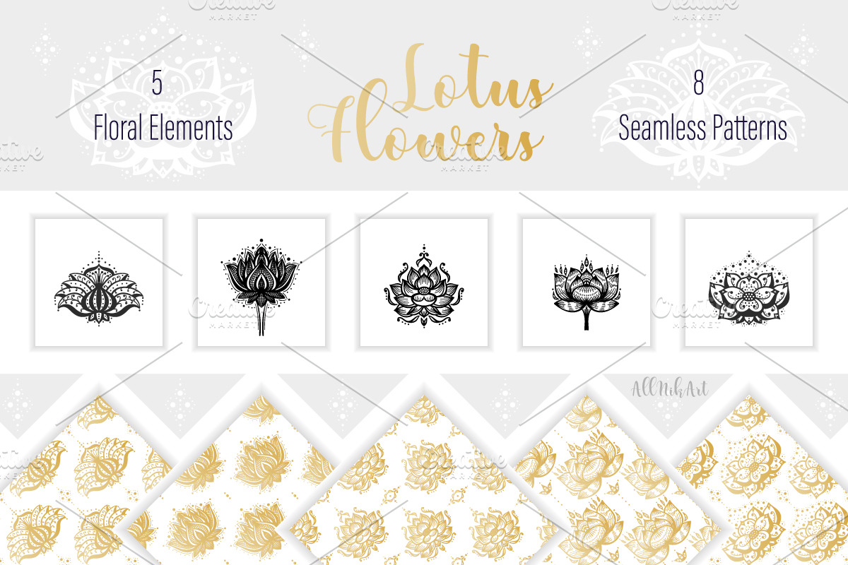 Mehndi Lotus Flowers set 1, a Pattern Graphic by AllNikArt (Photo 1 of 6)