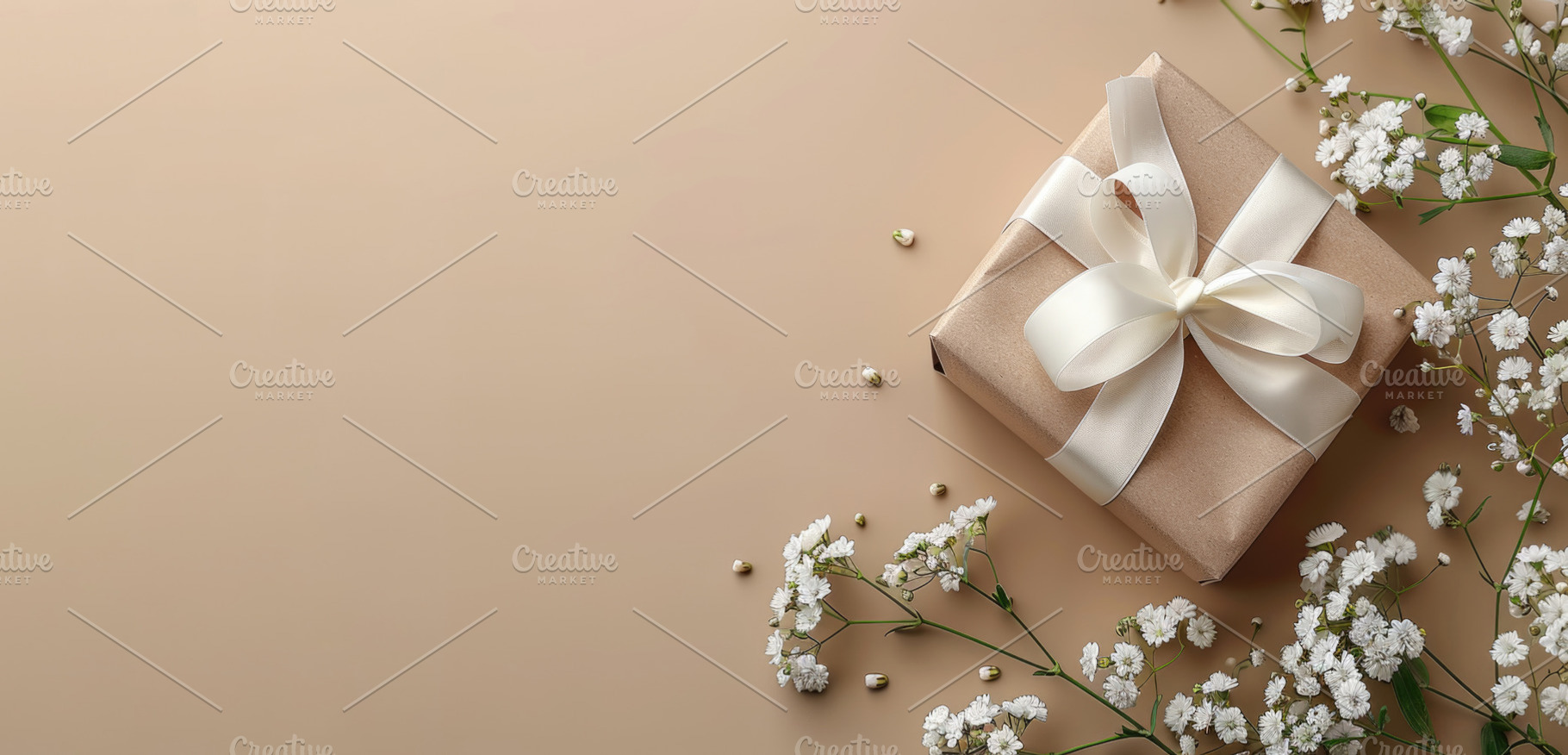Gift box with ribbon and delicate flowers minimal pastel flat la, a Holiday Photo by José Manuel Gelpi