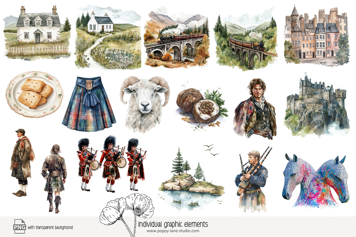 100 watercolour Scotland clip art, a Person Illustration by Poppy Lane Studio (Photo 2 of 10)