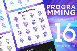 Programming | 16 Thin Line Icons Set, an Outline Icon by Alex Blogoodf