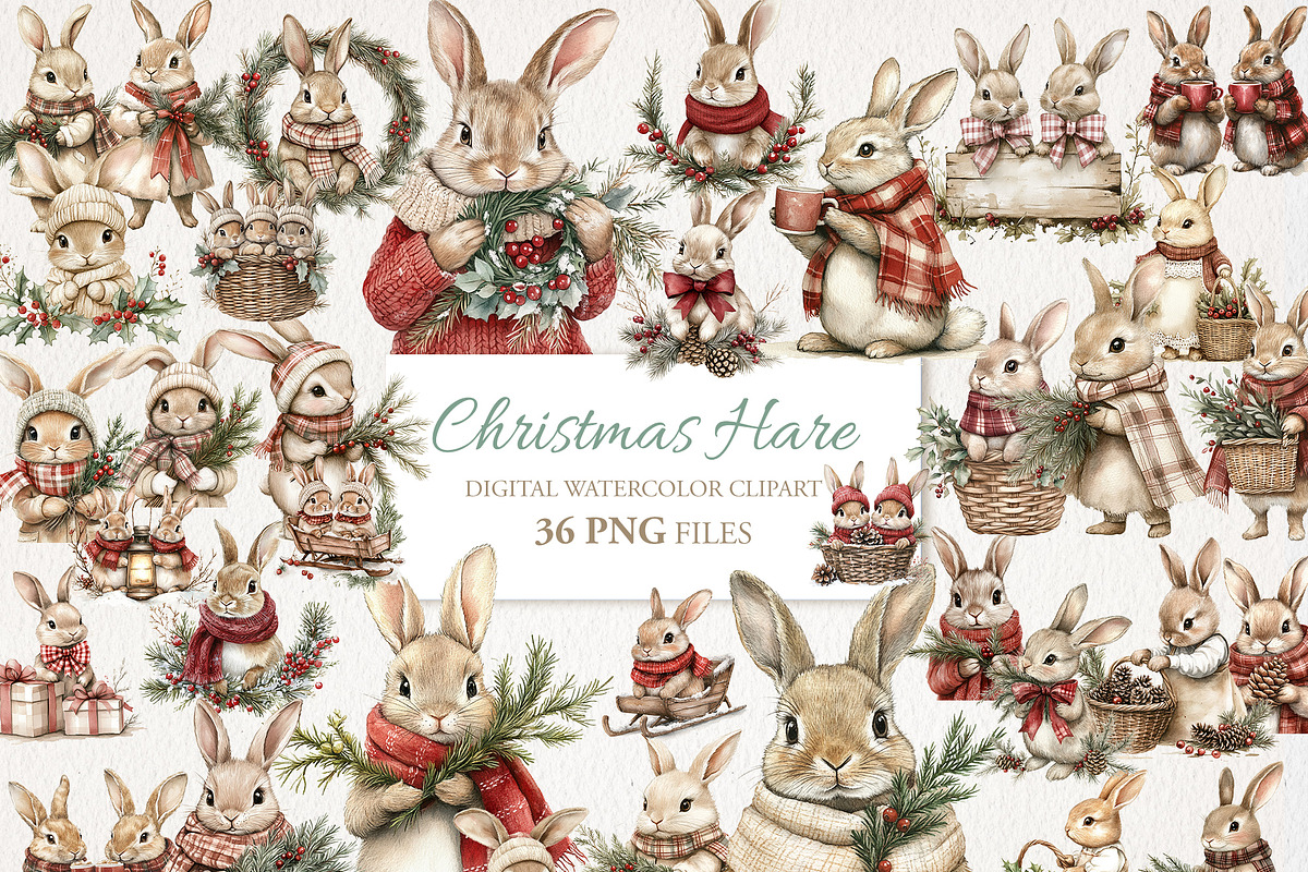 Christmas Hare Clipart 36 PNG, a Seasonal Illustration by EleSArtDesign (Photo 1 of 4)