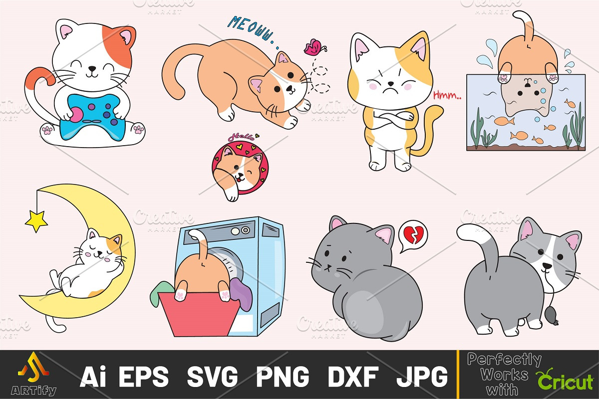 Funny Kawaii Cats Vector Clipart Set, an Animal Illustration by ARTify Illustrations (Photo 2 of 9)