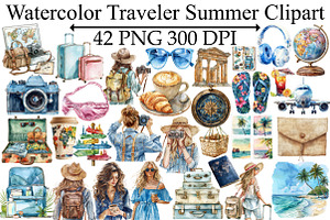 Watercolor Traveler Summer Clipart, an Illustration by Design Market