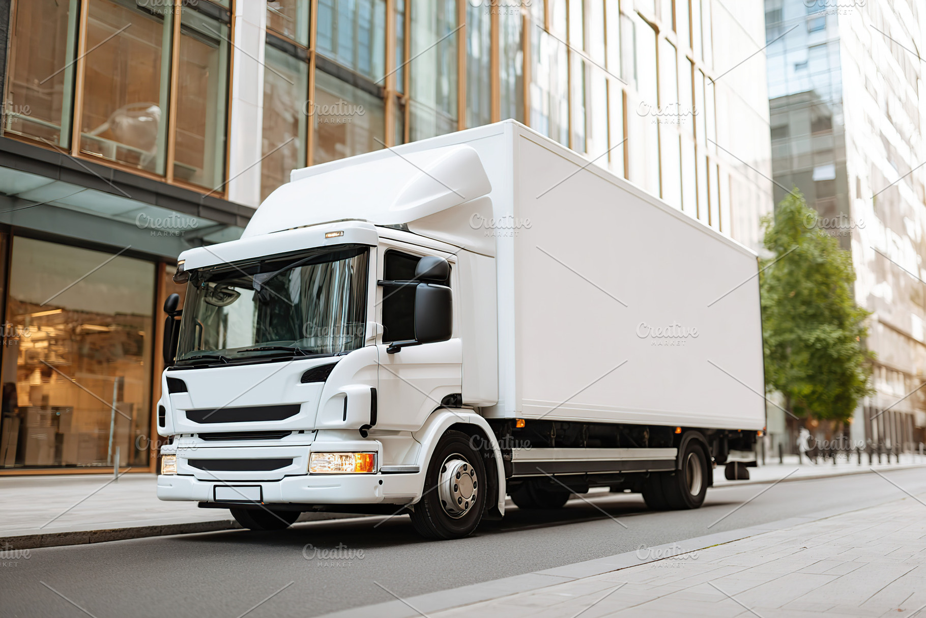 White delivery truck parked on a city street in a modern urban area during dayt, a Transportation Photo by AlyaAnd