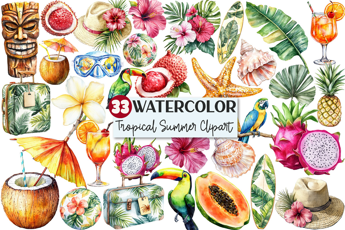 Watercolor Tropical Summer Clipart, an Illustration by Rose Art (Photo 1 of 7)