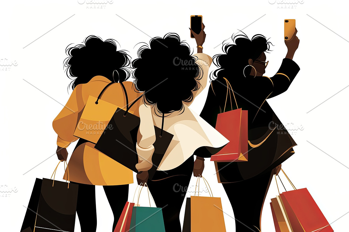 Group of fashionable women enjoying shopping with multiple colorful bags, an Illustration by AS photostudio