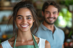 A young woman of mixed ethnicity smiles brightly while wearing an apron, with a, a Person Photo by ImageMir