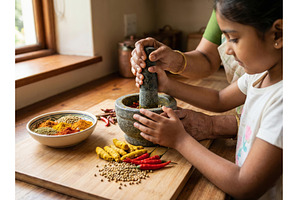 Women Grind Spices at the Desk, a Nature Photo by CREATIVEDEF
