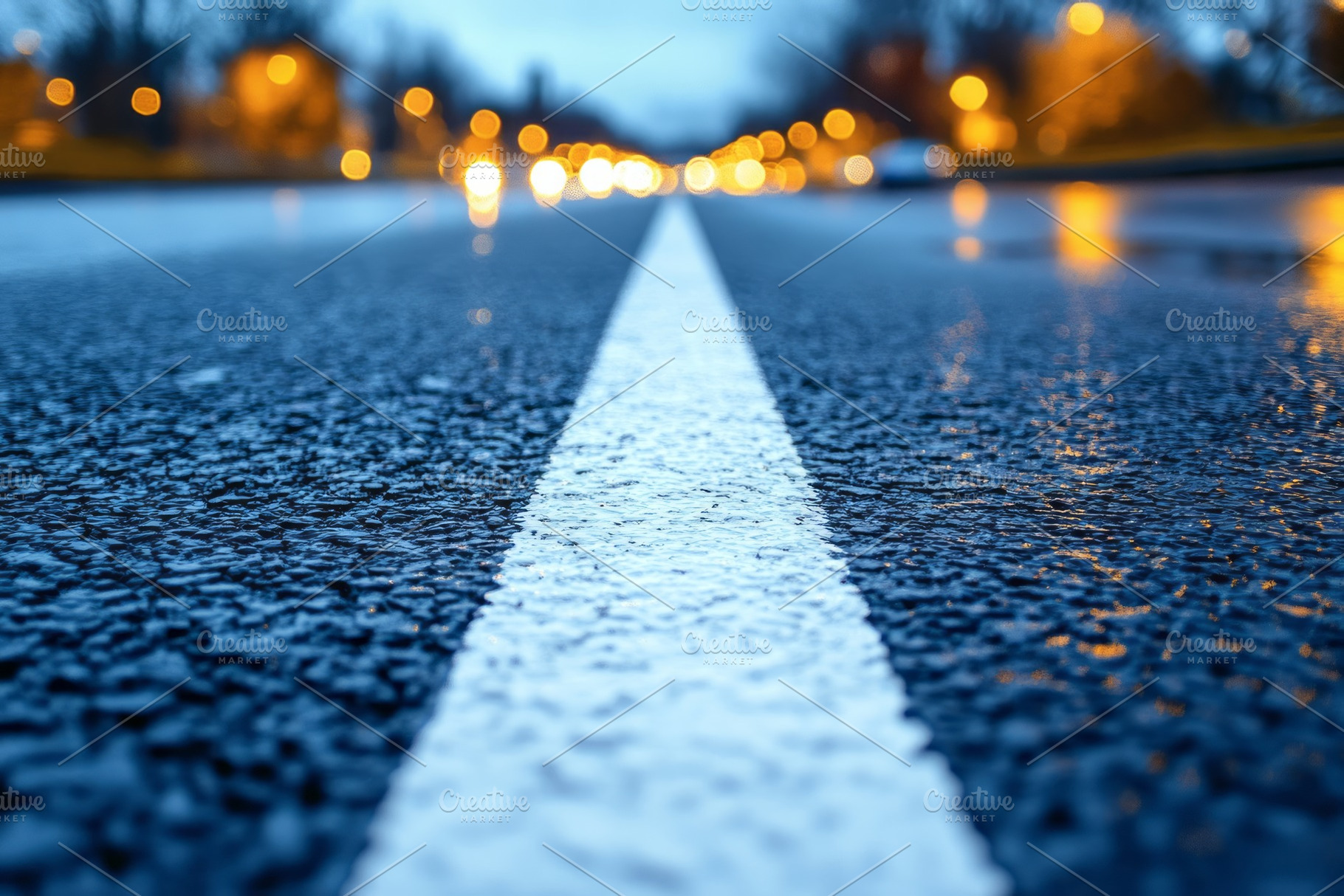 Close-up of a wet road with a white lane line, accentuated by shimmering reflec, a Background Photo by ImageMir