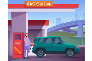 Gas station. cartoon background with, a Transportation Illustration by Onyx