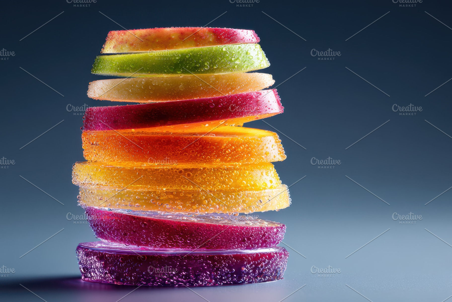 Stacked citrus slices with water droplets on blue background, a Food & Drink Photo by AlyaAnd