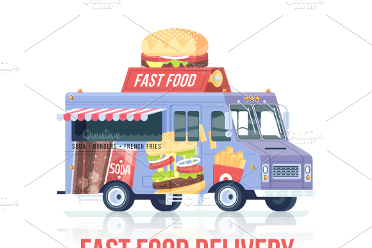 Cartoon Food Truck - Fast Food, a Food Illustration by painterr, image size:1200x800