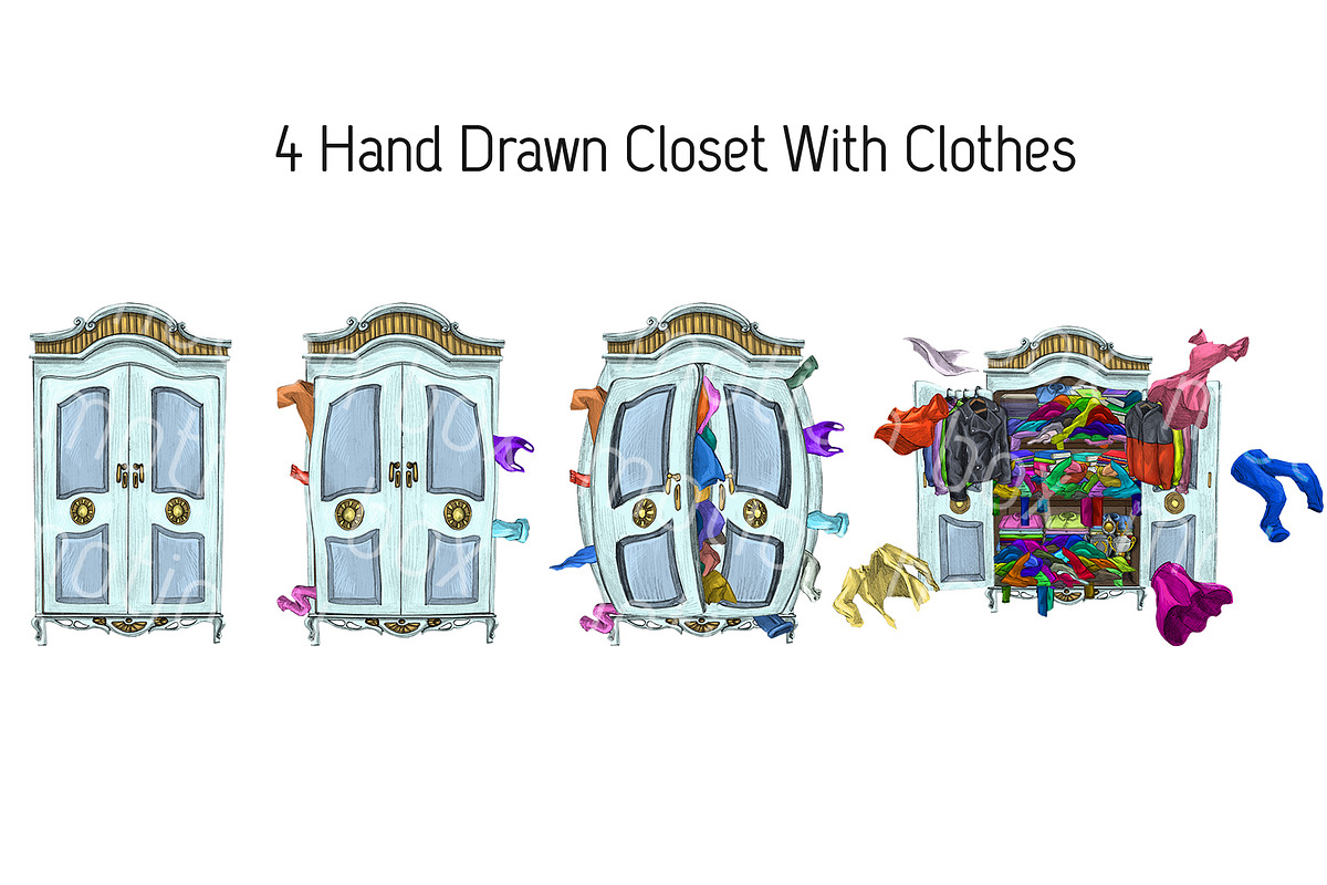 4 Hand Drawn Closet With Clothes, an Object Illustration by Motion-Box