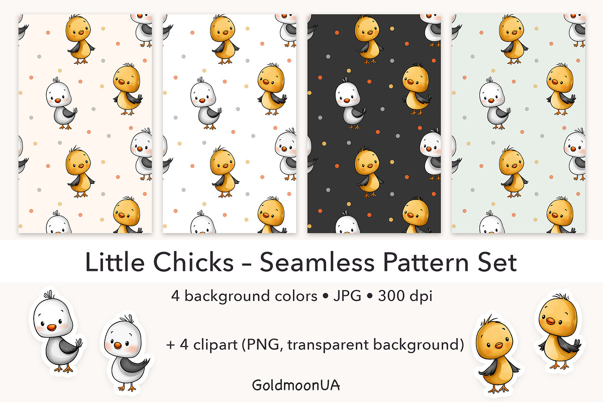 Little Chicks Patterns & Clipart, an Animal Illustration by GoldmoonUA (Photo 1 of 5)