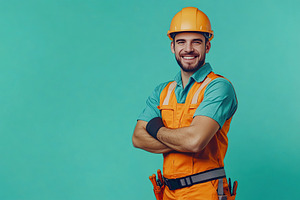 Portrait of worker in helmet and safety vest, an Industrial Photo by AlyaAnd