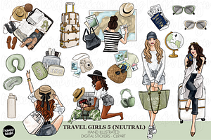 Neutral Travel Girls Clipart Set Png