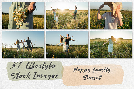 Happy family in field, sunset.