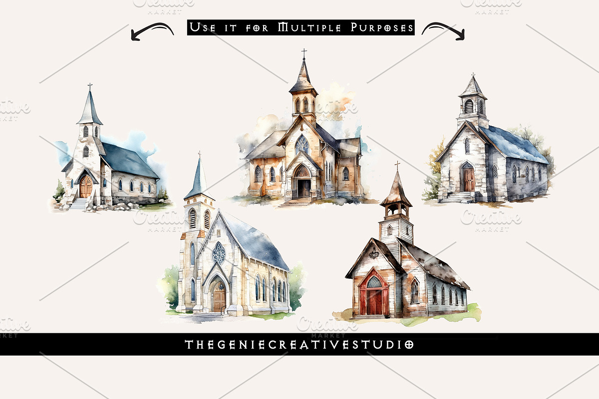 Watercolor PNG Church Clipart, an Object Illustration by Geniecreativestudio (Photo 5 of 9)