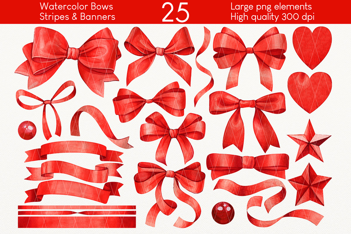 Red watercolor Bows Stripes Ribbons, an Object Graphic by KarinkaBU (Photo 1 of 5)