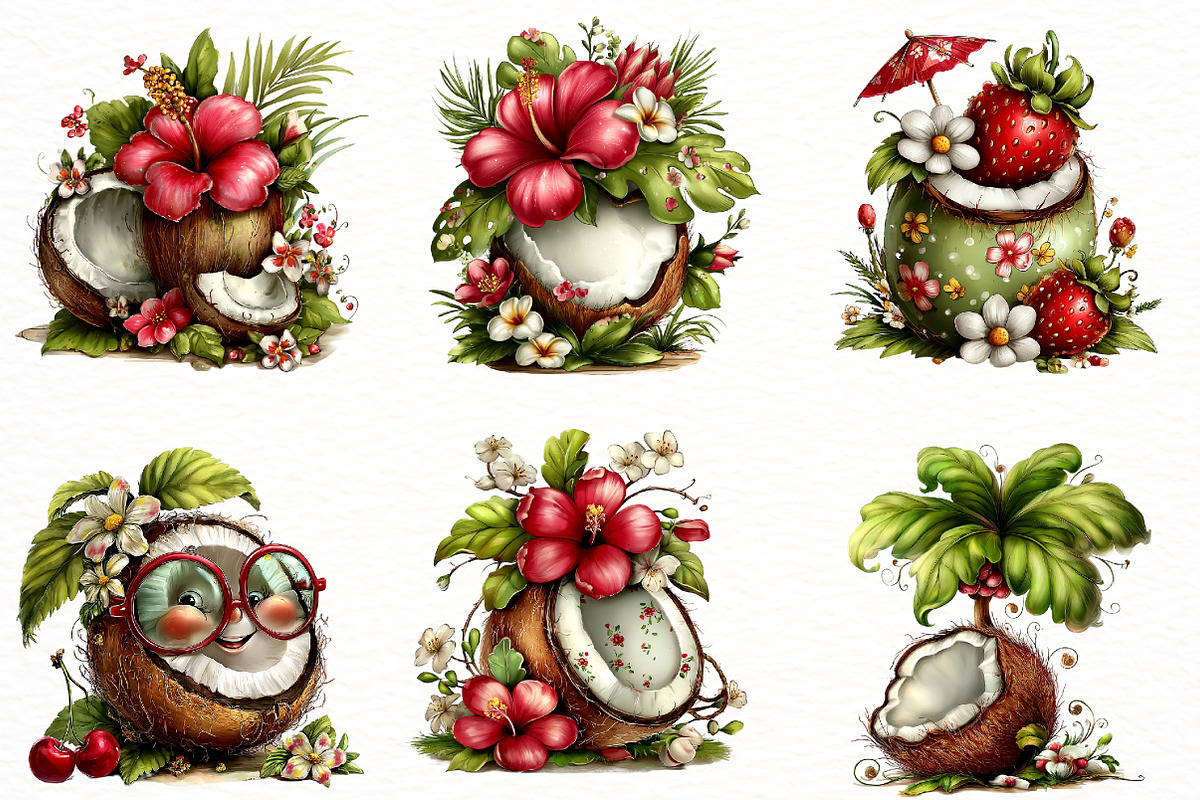 whimsical summer coconut clipart, an Illustration by Designworld (Photo 3 of 8)